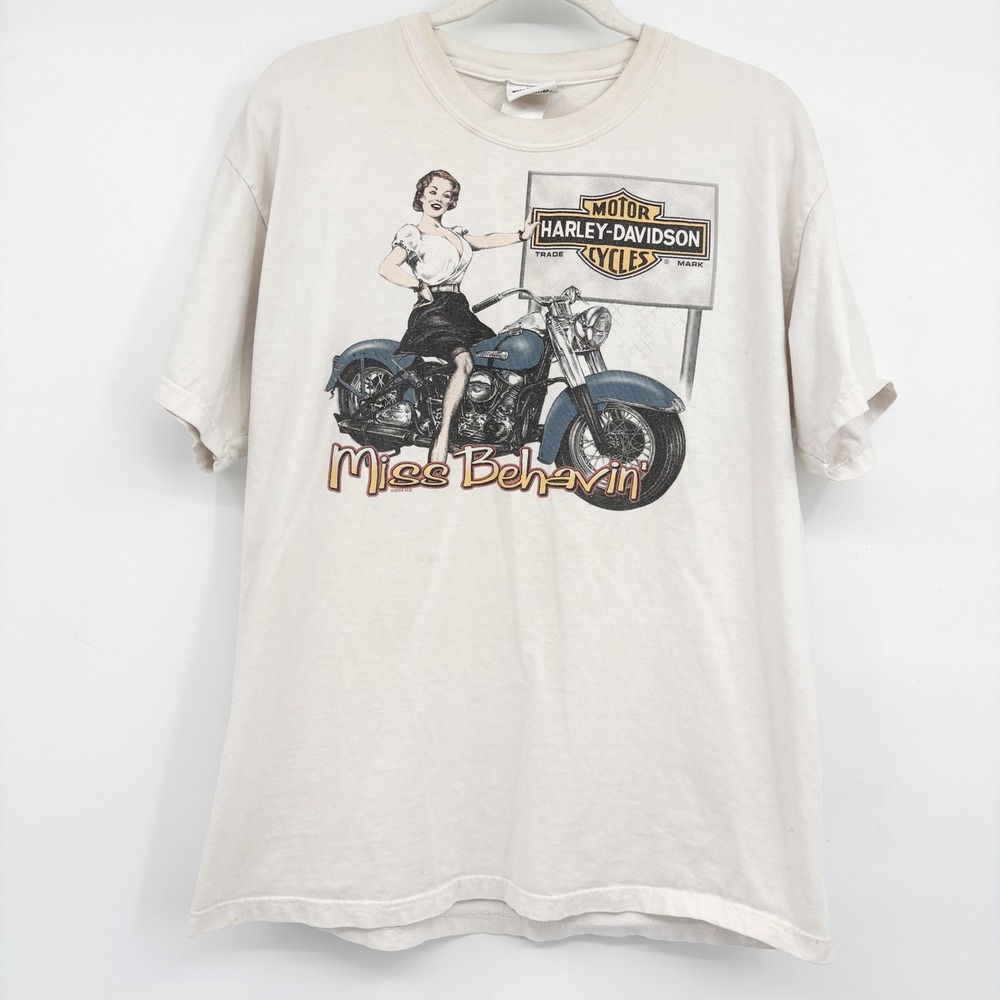 Harley-Davidson Mens Vintage Y2K Miss Behavin Pinup Biker Graphic T-Shirt Size L